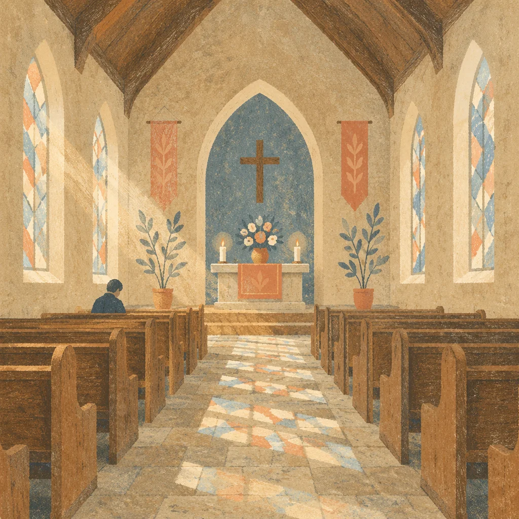 Quiet Church Aisle Toward Simple Altar