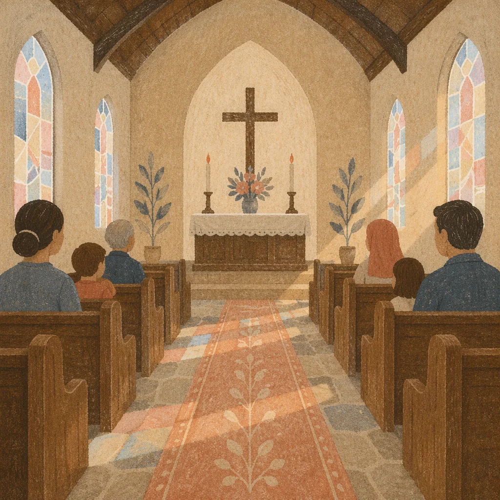 Sunlit Church Aisle Toward Simple Altar