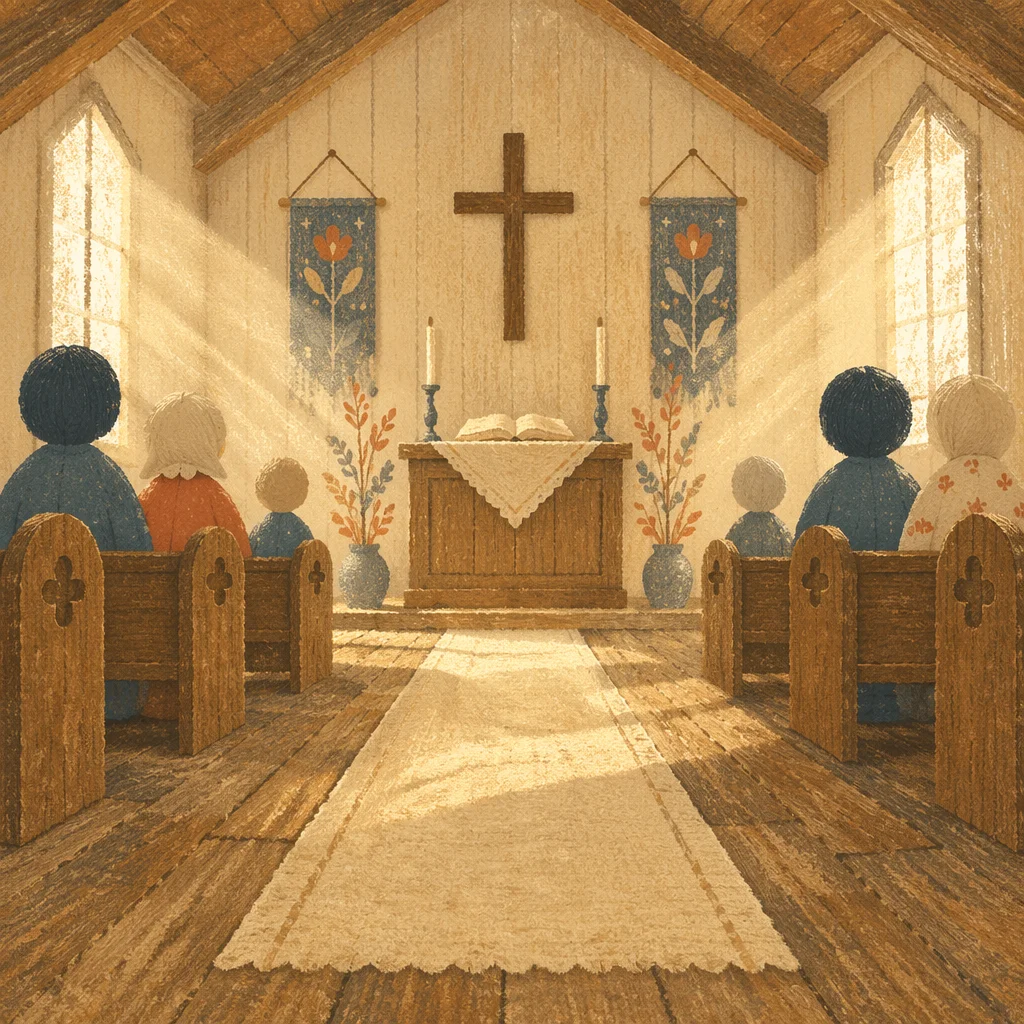 Quiet Chapel Aisle Toward Wooden Altar