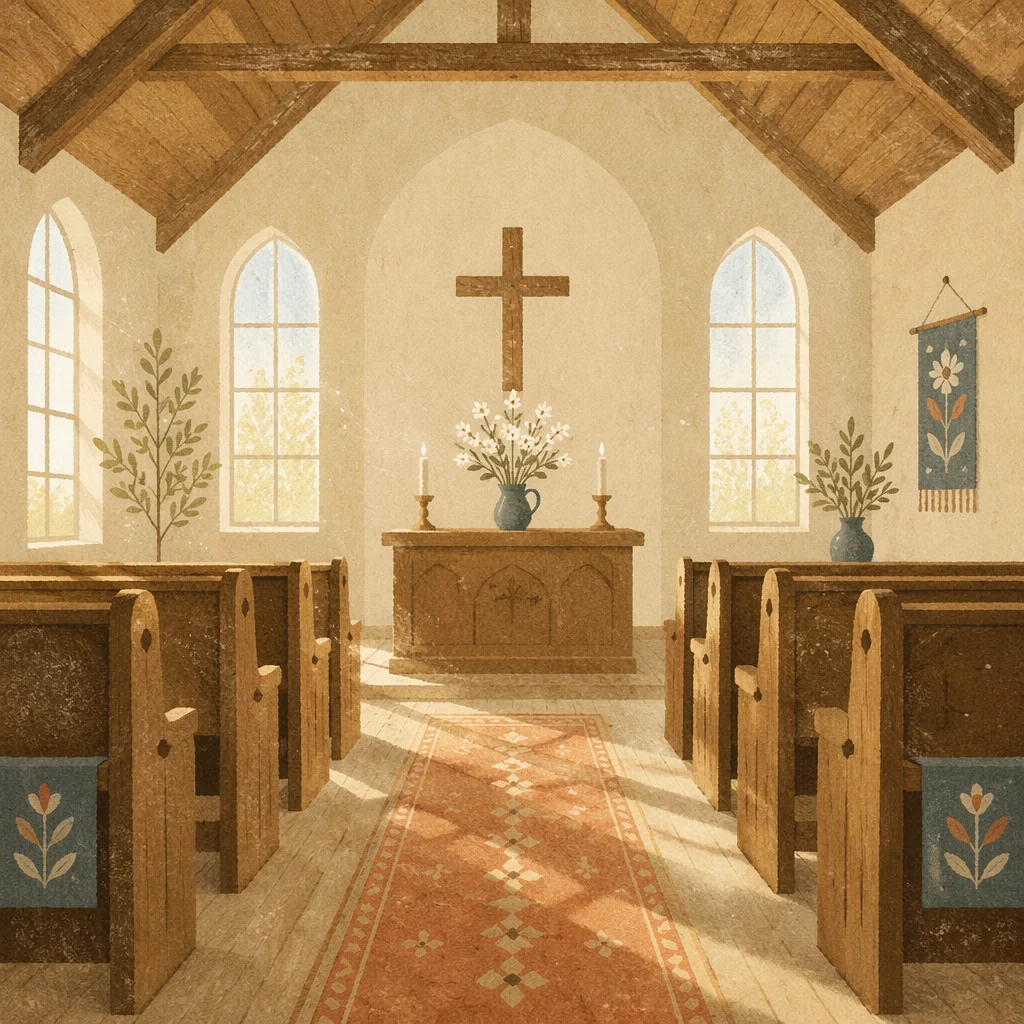 Quiet Countryside Church Aisle to Altar