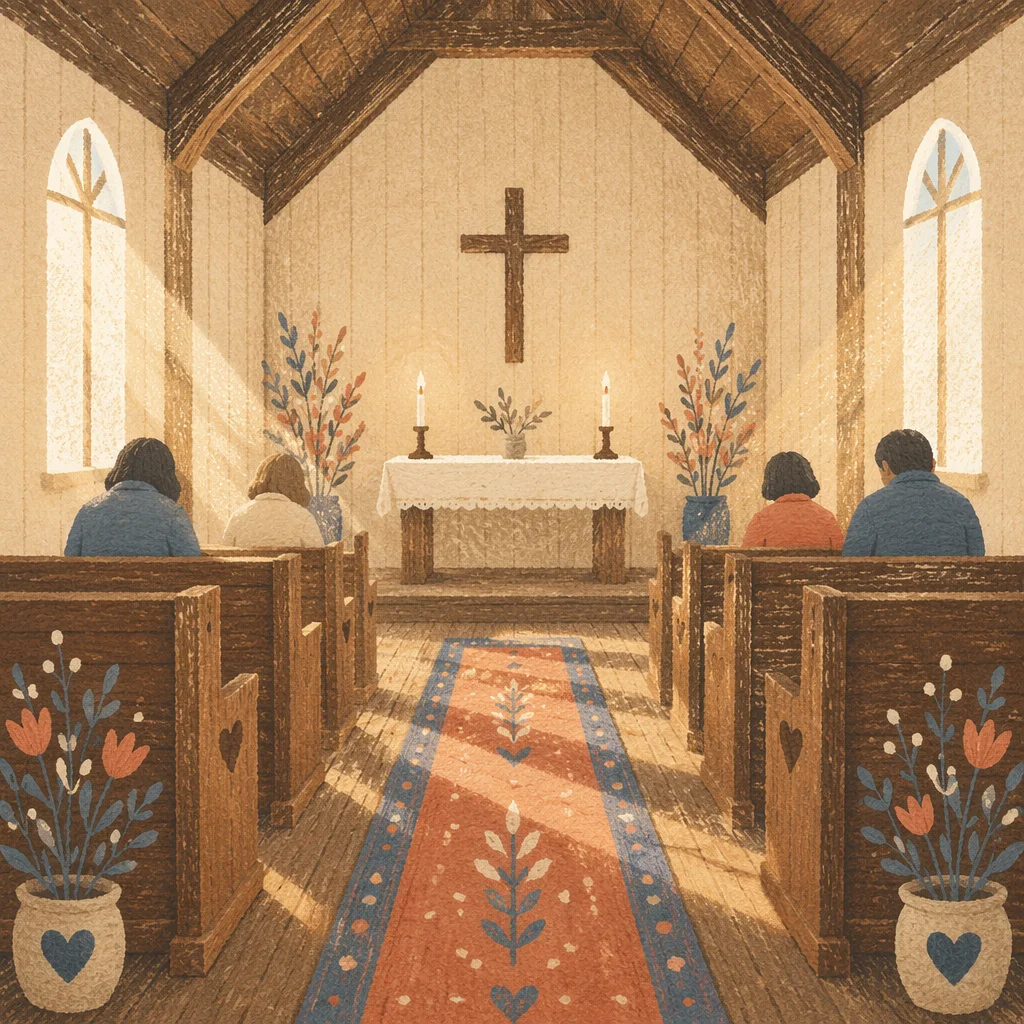 Quiet Chapel Aisle Toward Wooden Altar