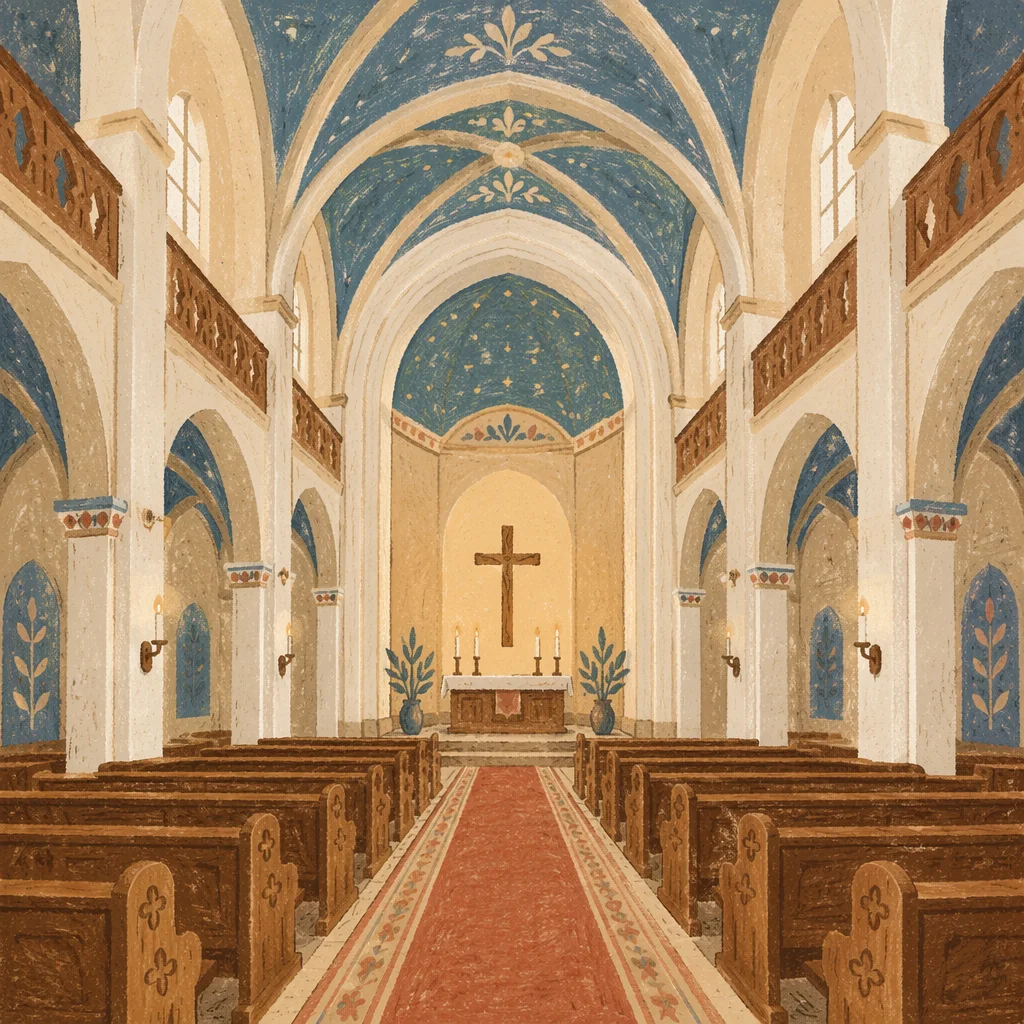 Historic Church Aisle Toward Candlelit Altar