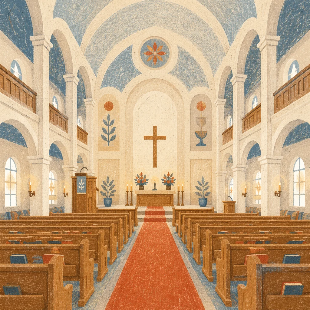 Serene Church Aisle Toward Wooden Cross