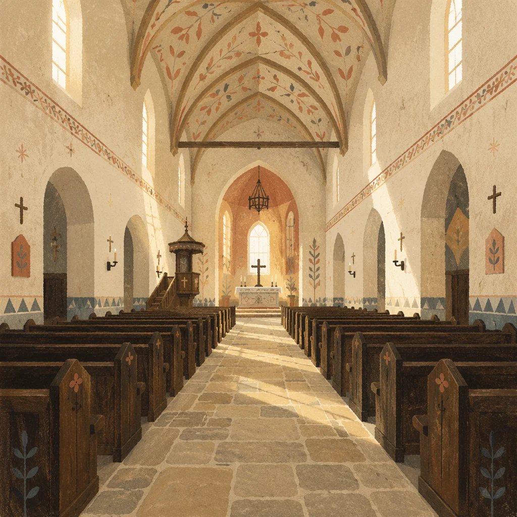 Sunlit Historic Church Aisle to Altar