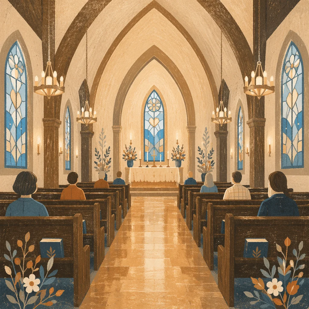 Peaceful Church Aisle Toward Candlelit Altar
