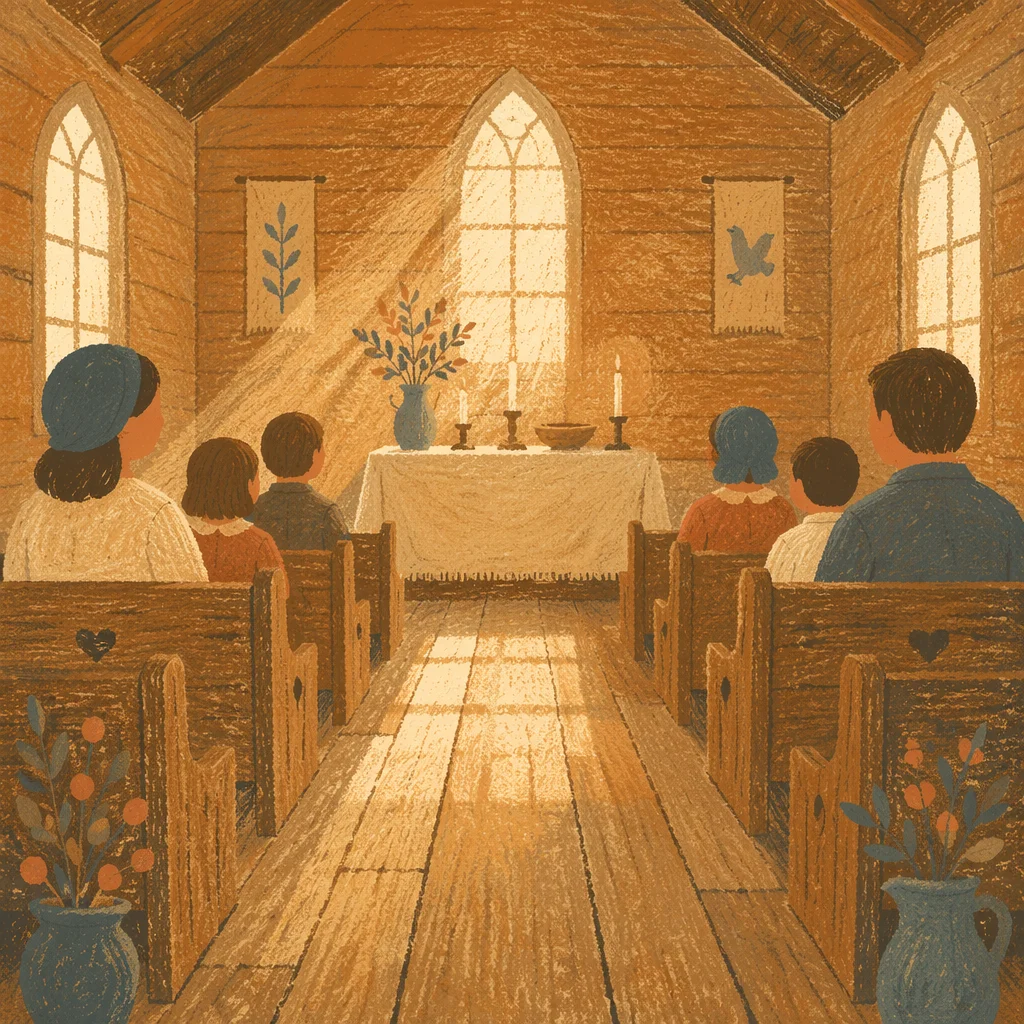 Sunlit Wooden Chapel Aisle to Altar