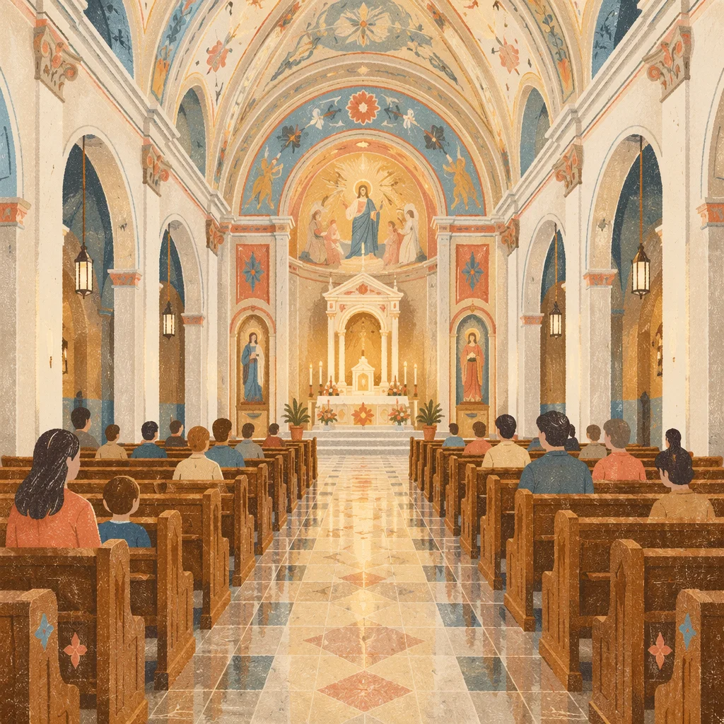 Historic Church Aisle Toward Glowing Altar
