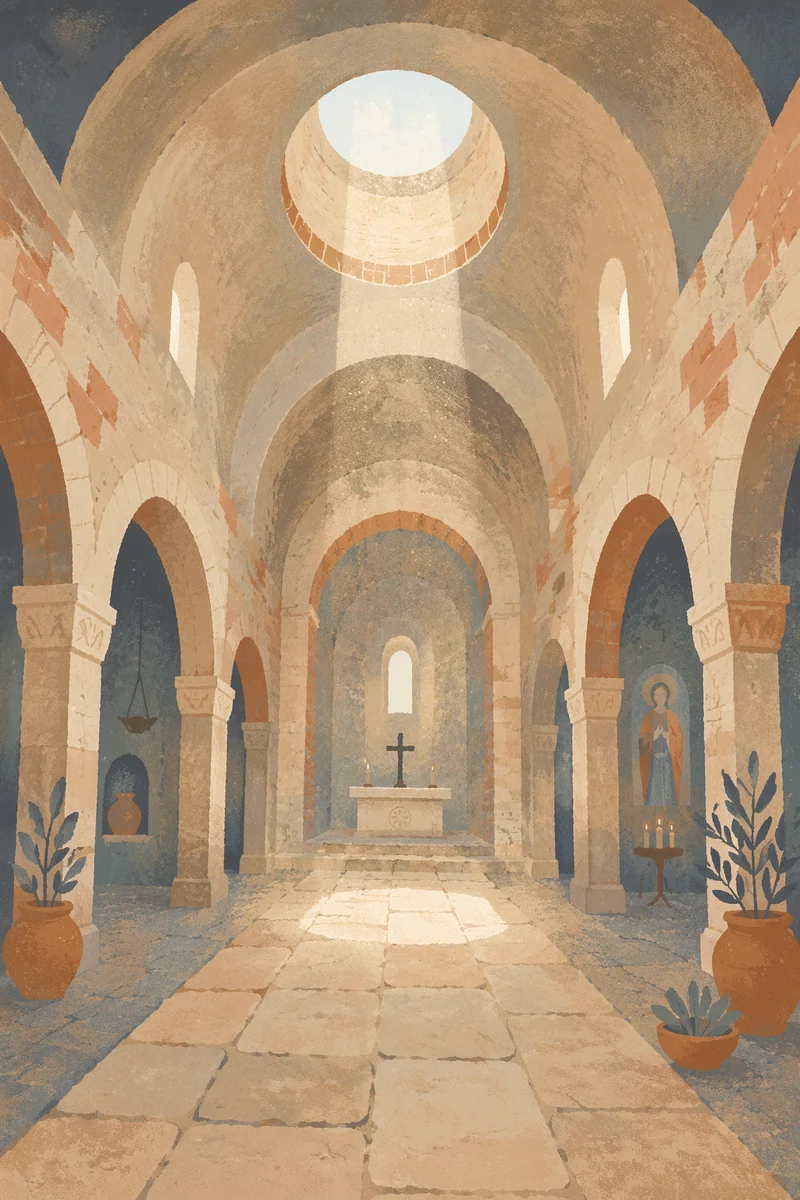 Ancient Church Aisle Toward Quiet Altar