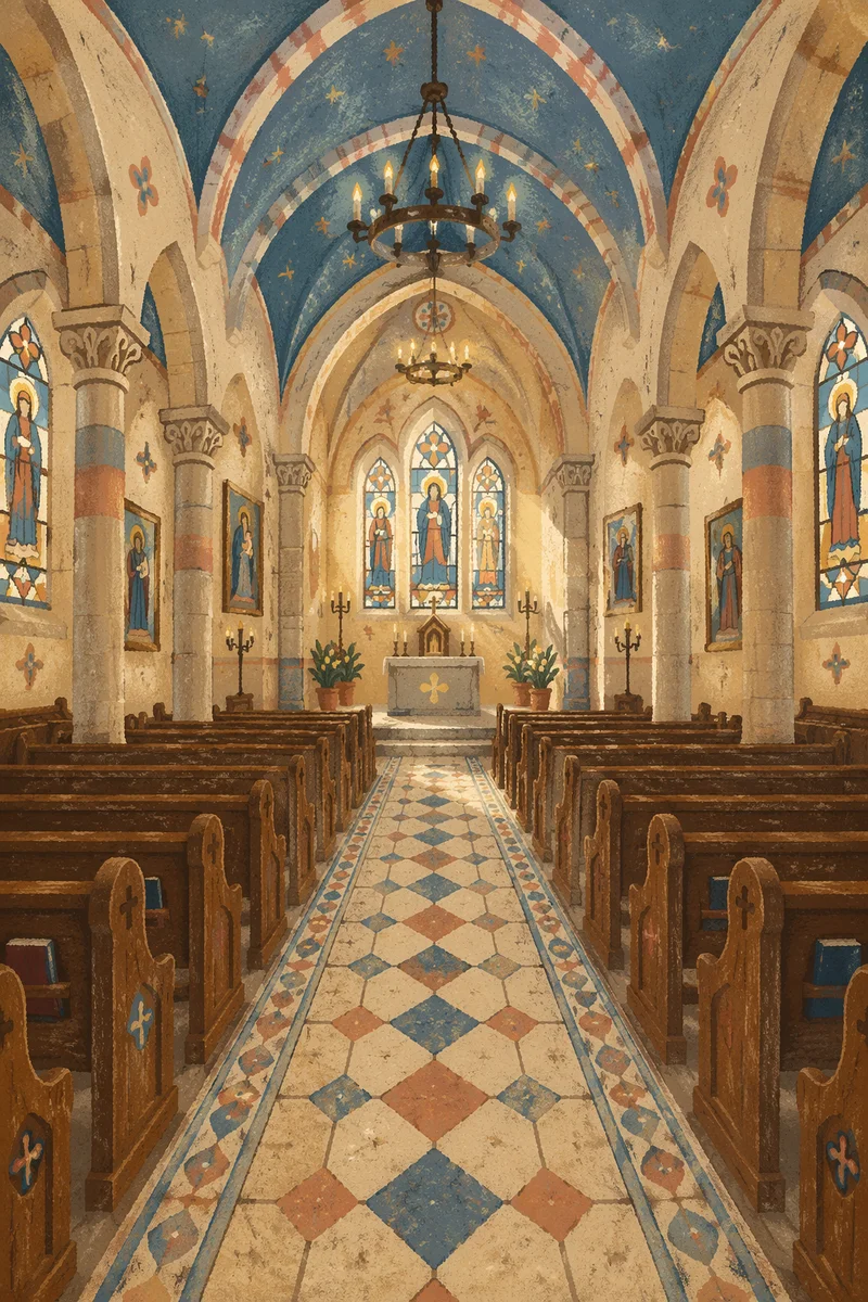 Historic Church Aisle Toward Softly Lit Altar