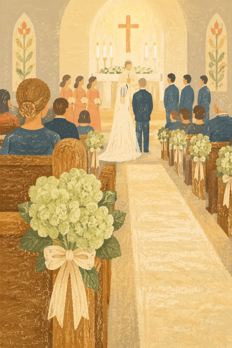 Church Aisle with Hydrangea Wedding Pew