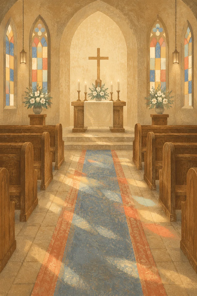 Sunlit Church Aisle Toward Simple Altar
