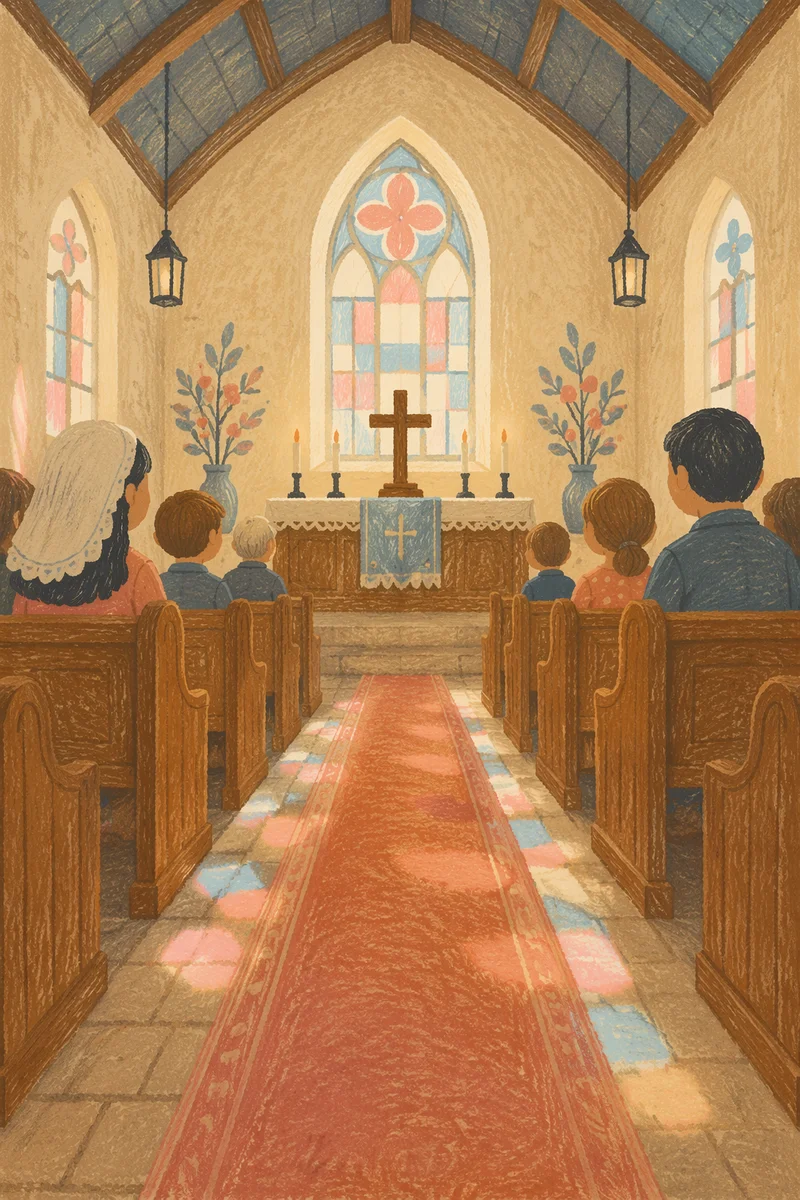Quiet Church Aisle Toward Simple Altar