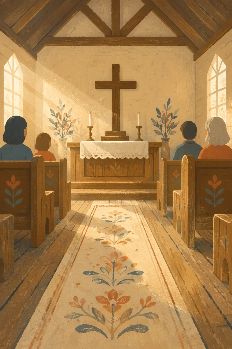 Quiet Chapel Aisle Toward Wooden Altar