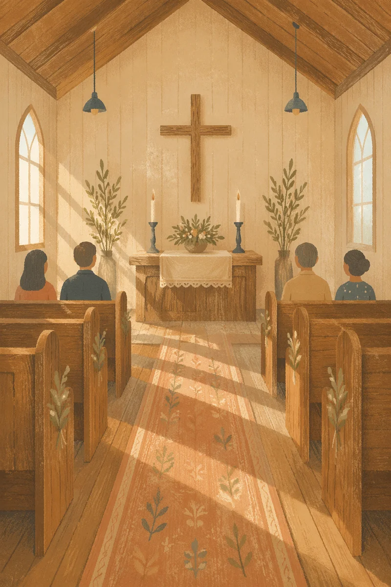 Peaceful Chapel Aisle Leading to Wooden Altar