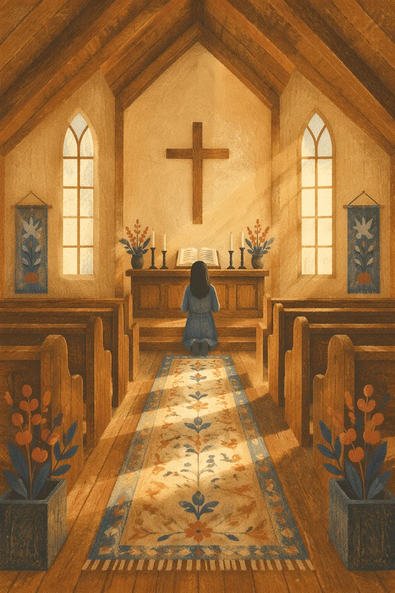Sunlit Chapel Aisle Toward Wooden Altar