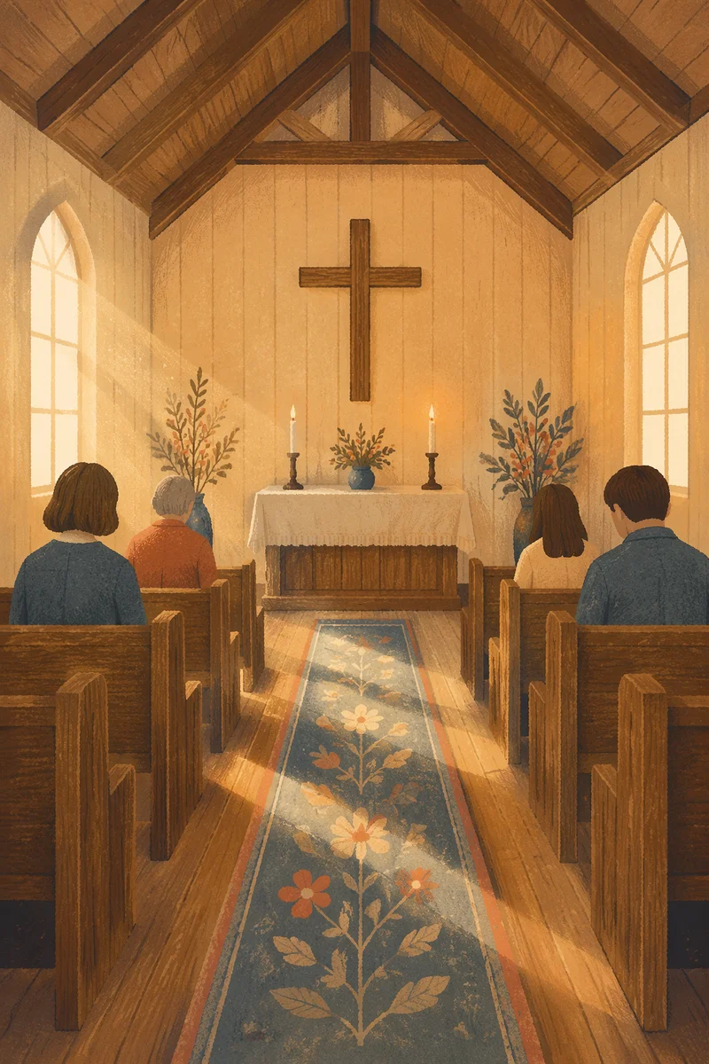Warm Chapel Aisle Toward Simple Altar