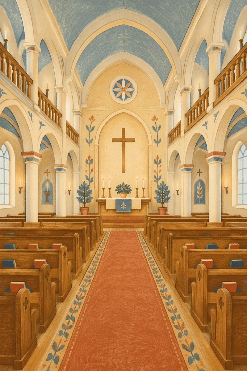 Serene Church Aisle Toward Wooden Cross