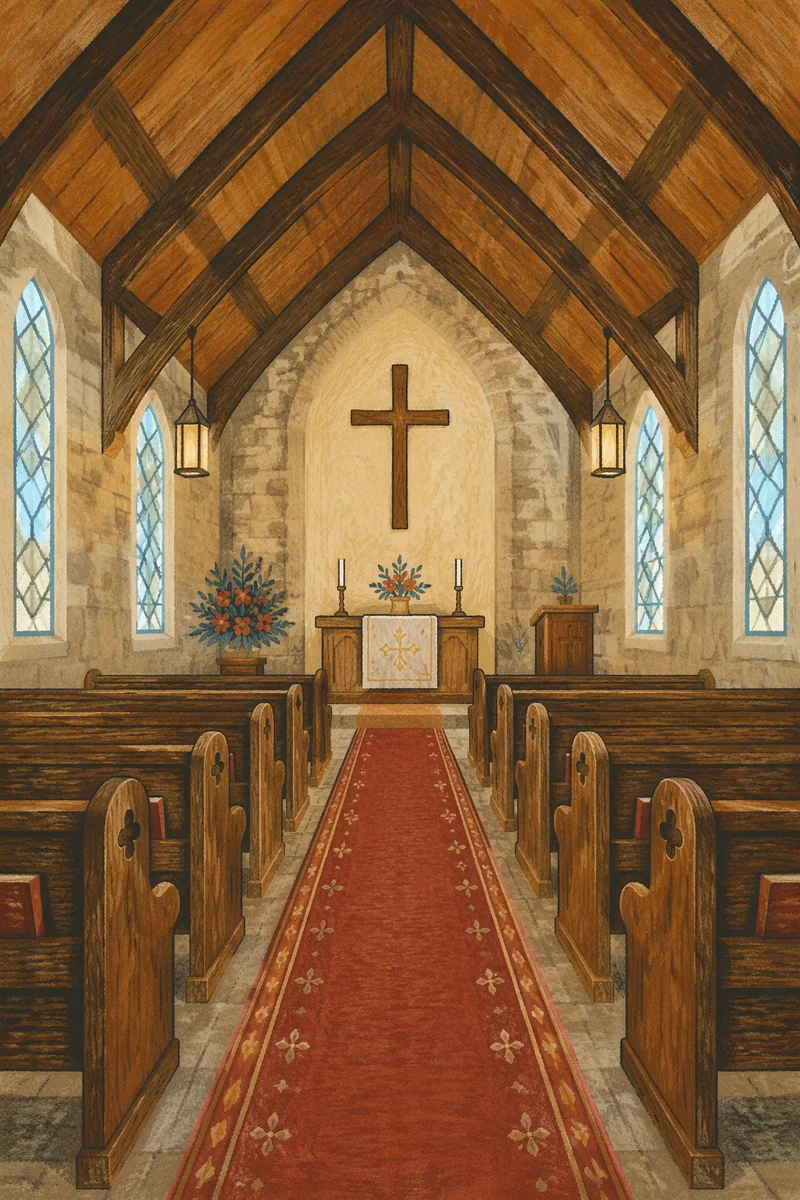 Red Carpet Chapel Aisle to Wooden Cross