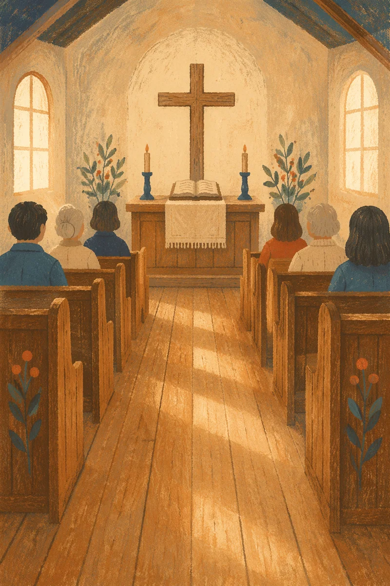 Sunlit Church Aisle Toward Wooden Altar