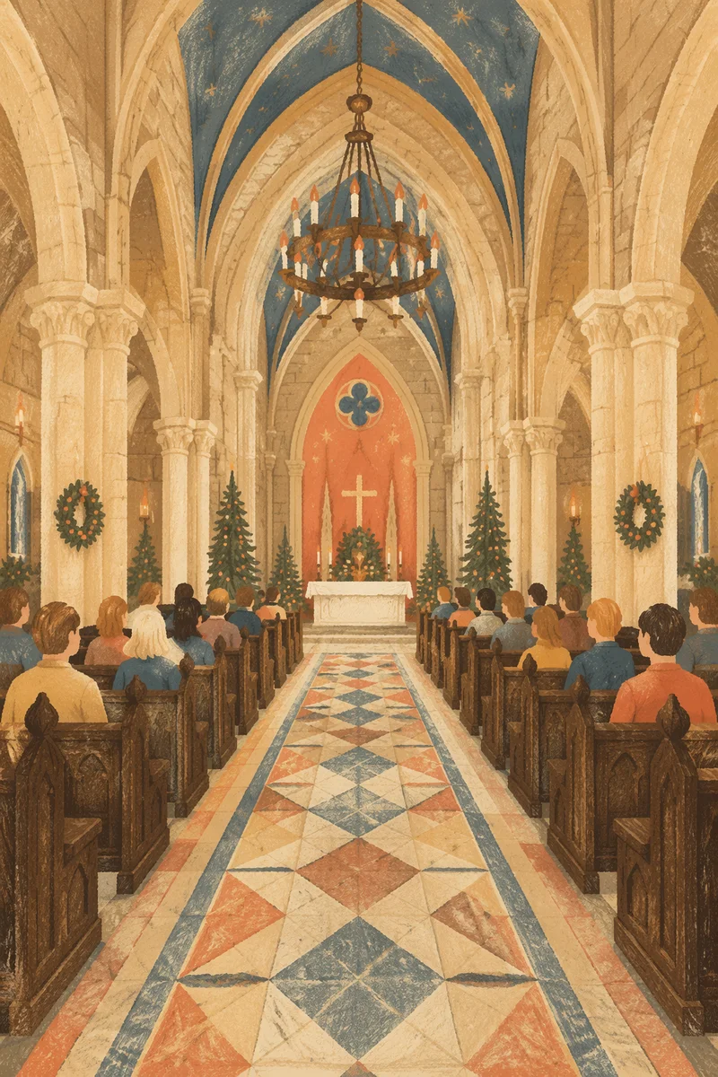 Gothic Church Aisle Leading to Altar