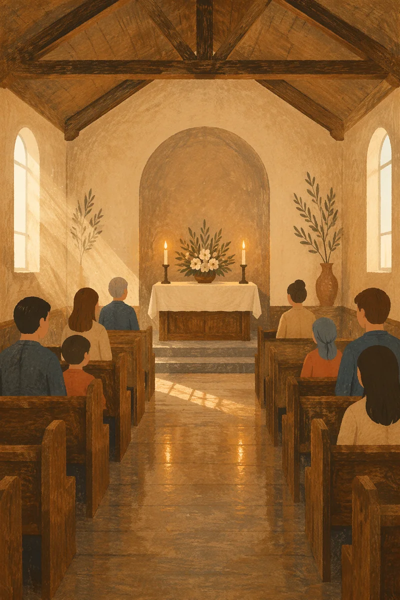 Sunlit Chapel Aisle Toward Simple Altar
