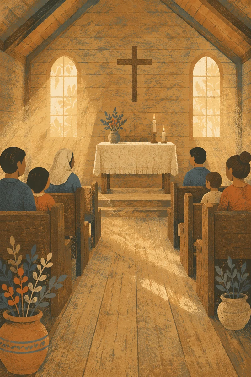 Sunlit Chapel Aisle Leading to Altar