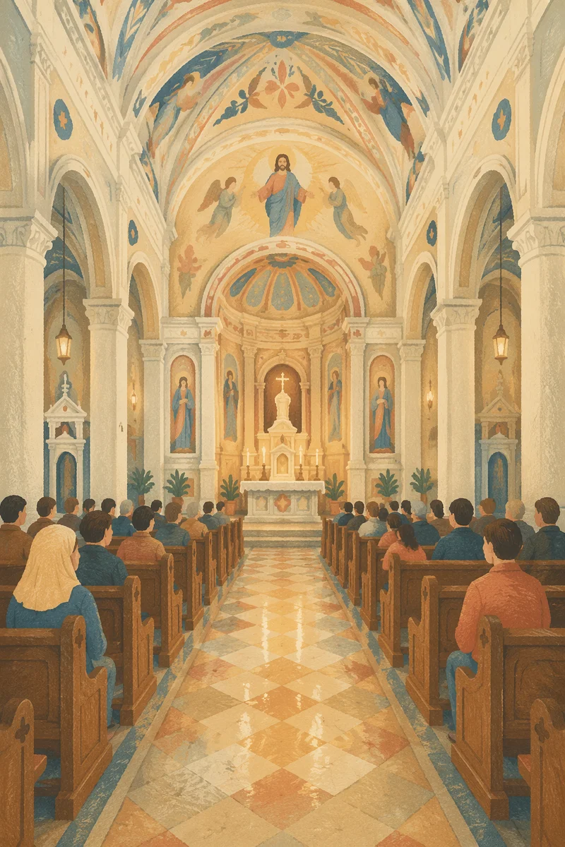 Historic Church Aisle Toward Glowing Altar