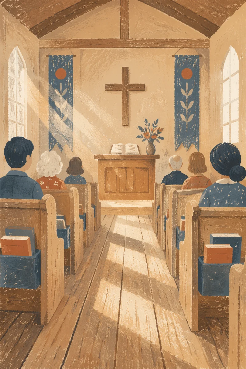 Quiet Chapel Aisle Toward Wooden Altar