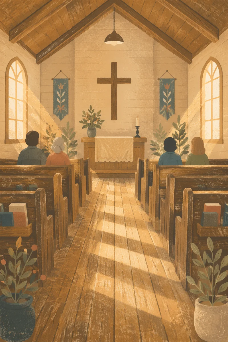 Sunlit Chapel Aisle Toward Wooden Altar