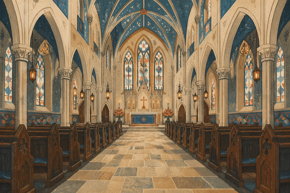 Historic Church Aisle Toward Illuminated Altar
