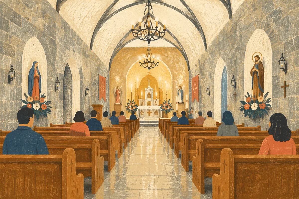 Historic Church Aisle Toward Glowing Altar
