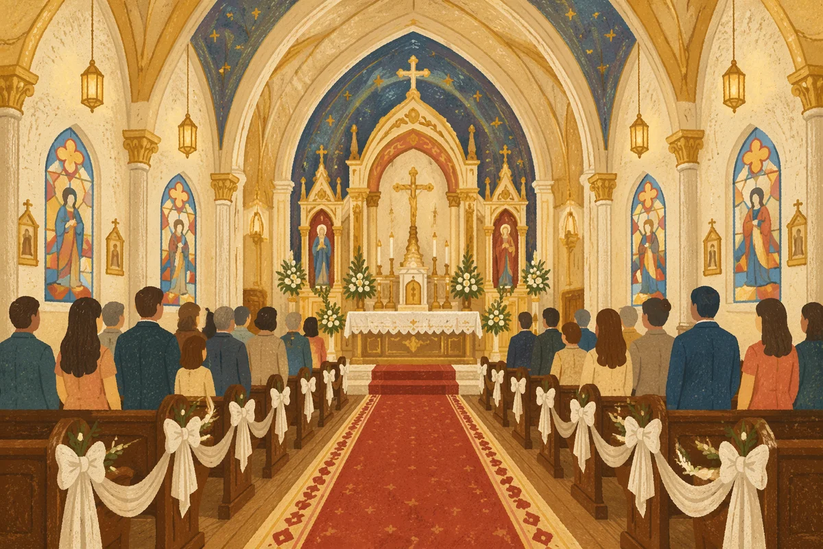Red Church Aisle Leading to Ornate Altar