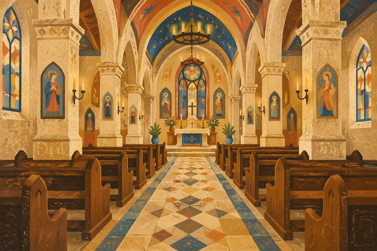 Historic Church Aisle Toward Glowing Altar