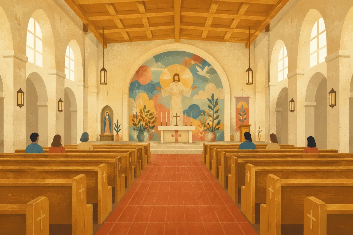 Warm Church Aisle Leading to Altar