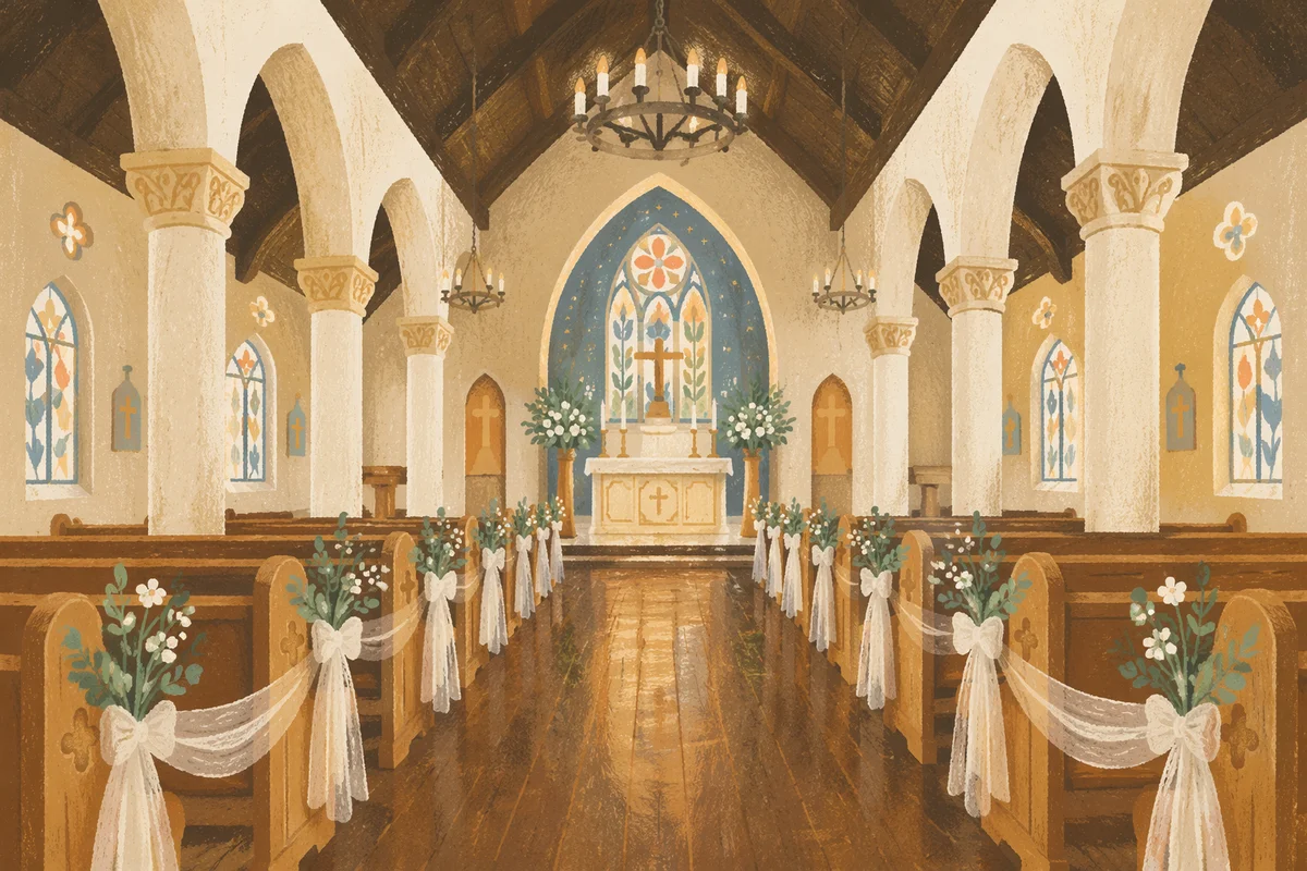 Traditional Church Aisle Toward Softly Lit Altar