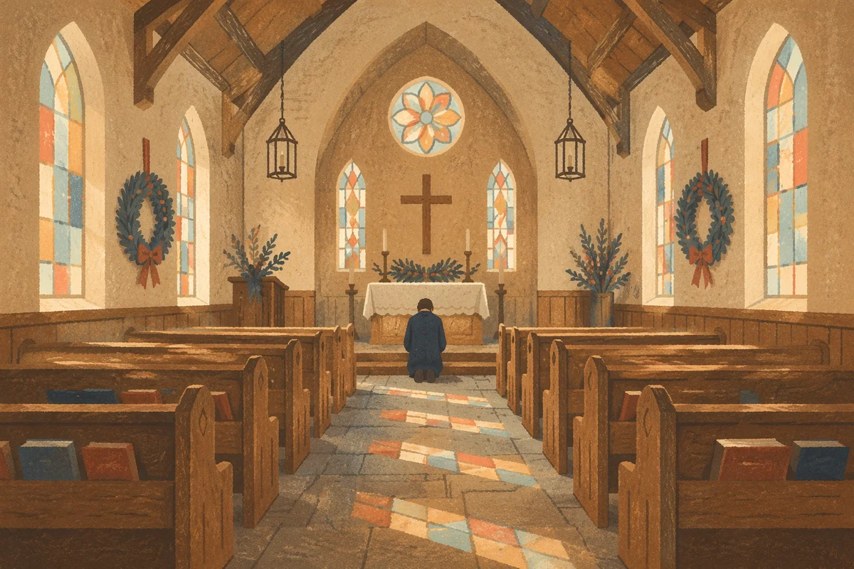 Quiet Church Aisle to Simple Altar