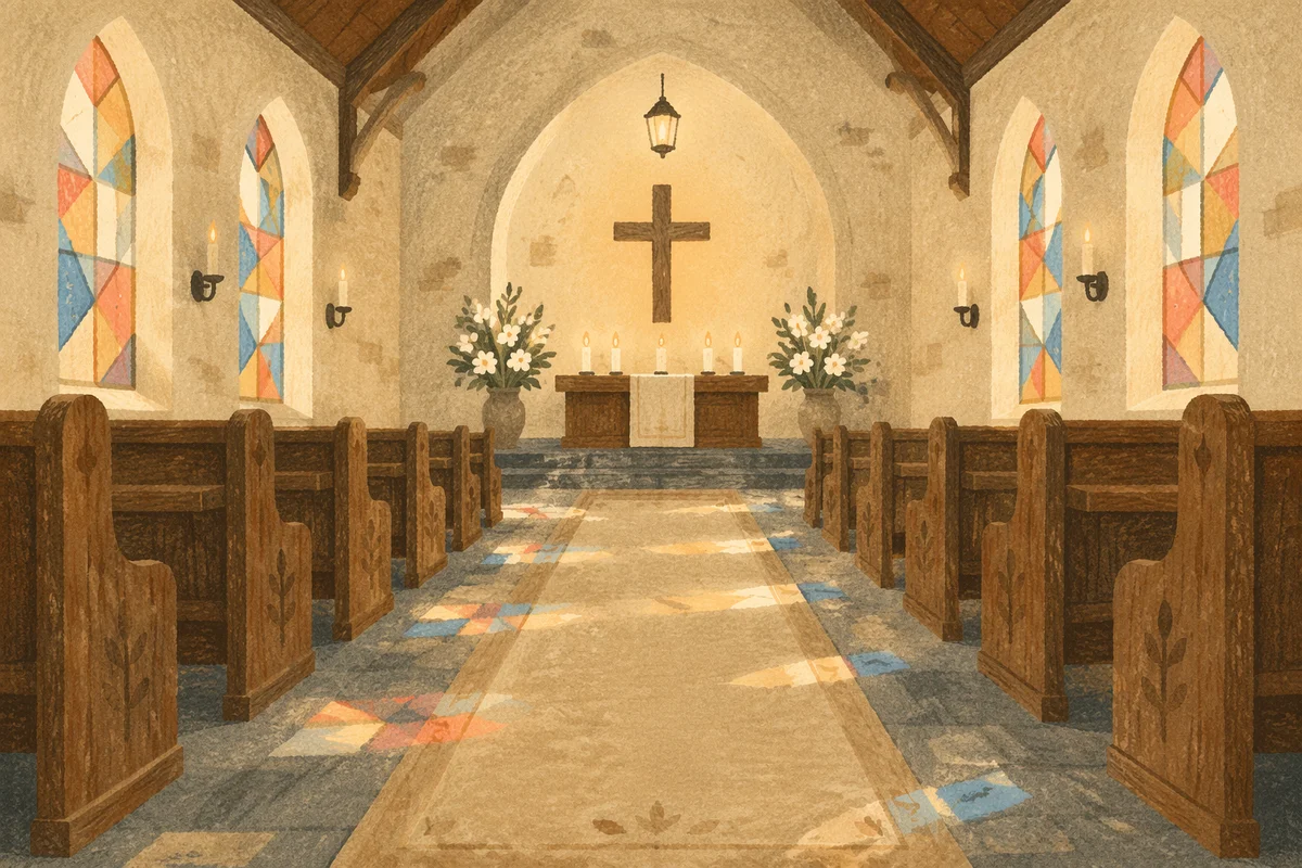Sunlit Church Aisle Toward Simple Altar