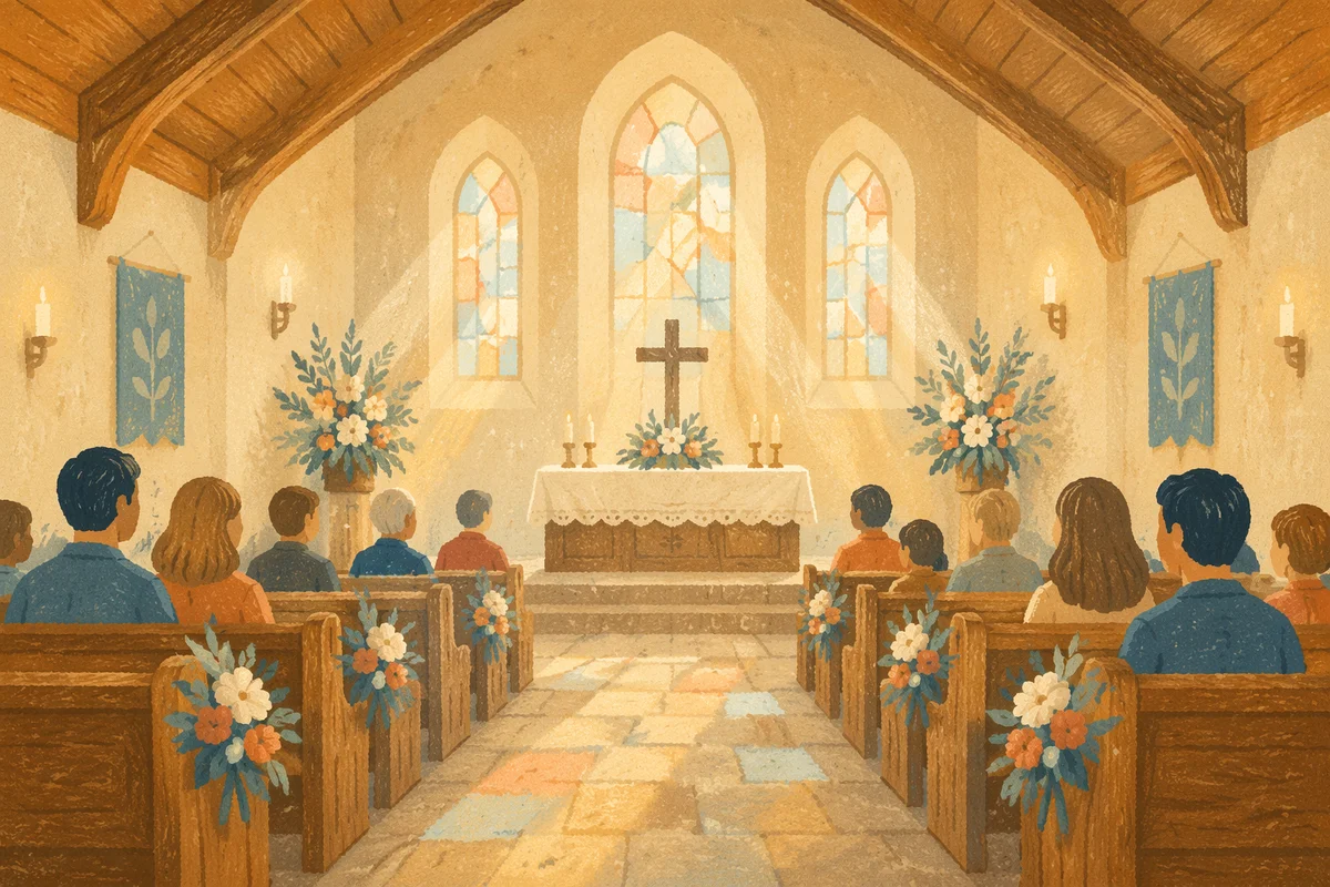 Peaceful Church Aisle Toward Softly Lit Altar