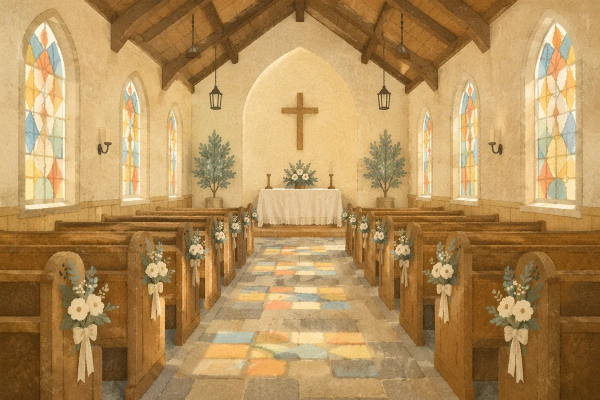 Peaceful Church Aisle Toward Softly Lit Altar