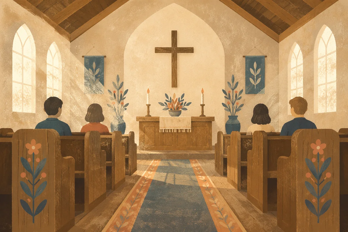 Quiet Chapel Aisle Toward Wooden Altar