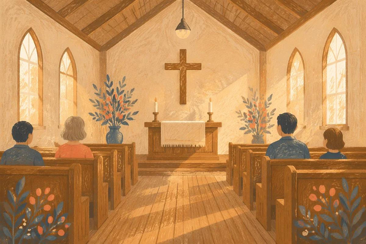 Sunlit Chapel Aisle Toward Wooden Altar