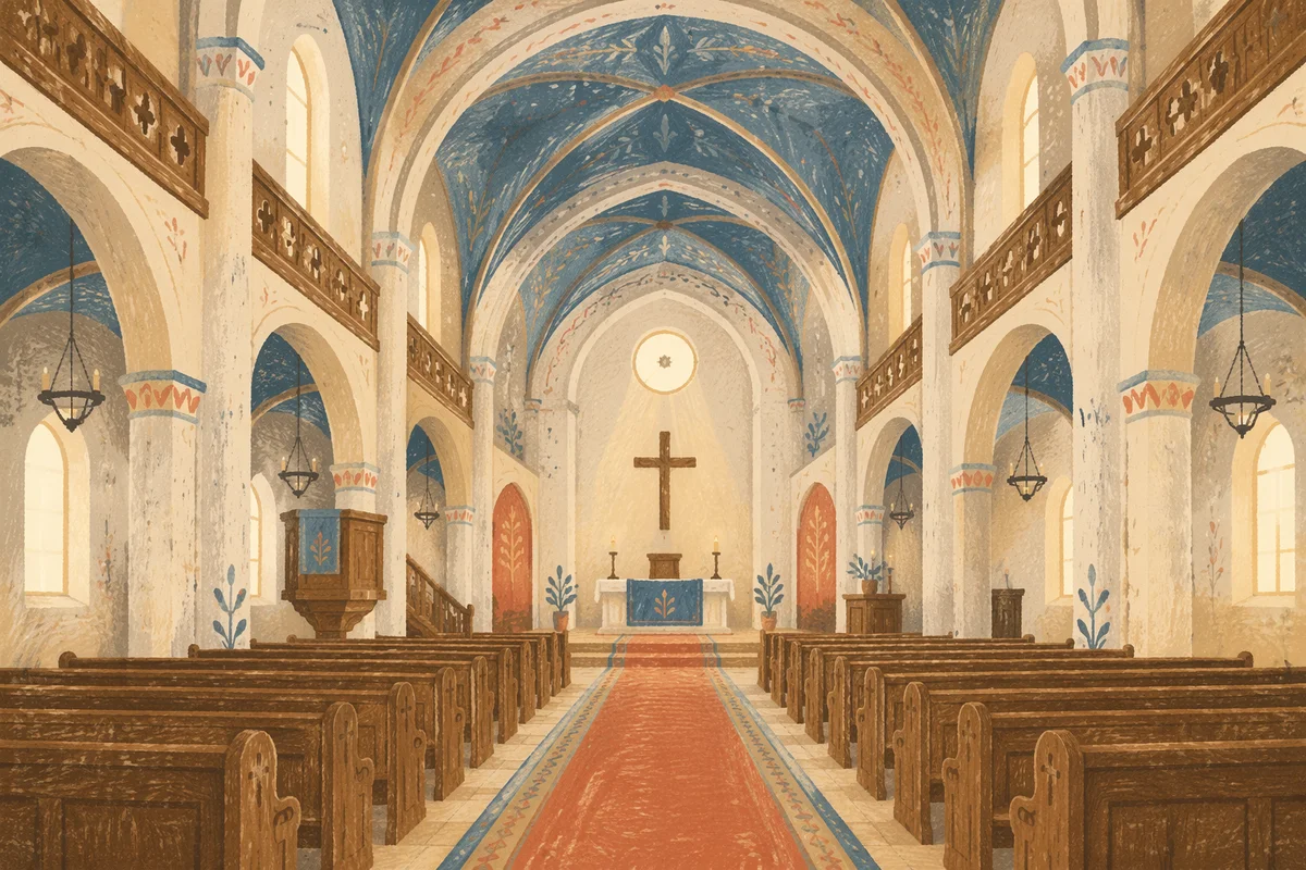 Historic Church Aisle Toward Candlelit Altar