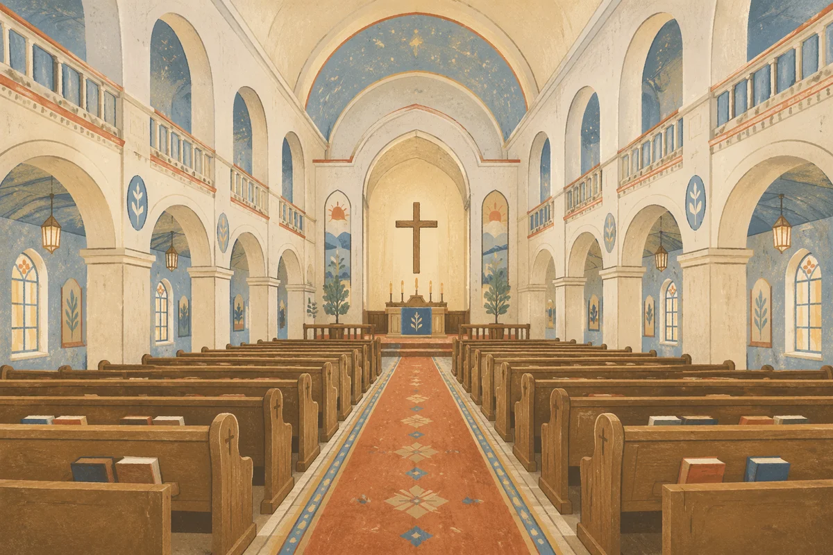 Church Aisle Toward a Candlelit Altar