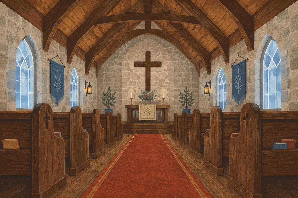 Red Chapel Aisle Toward Wooden Cross