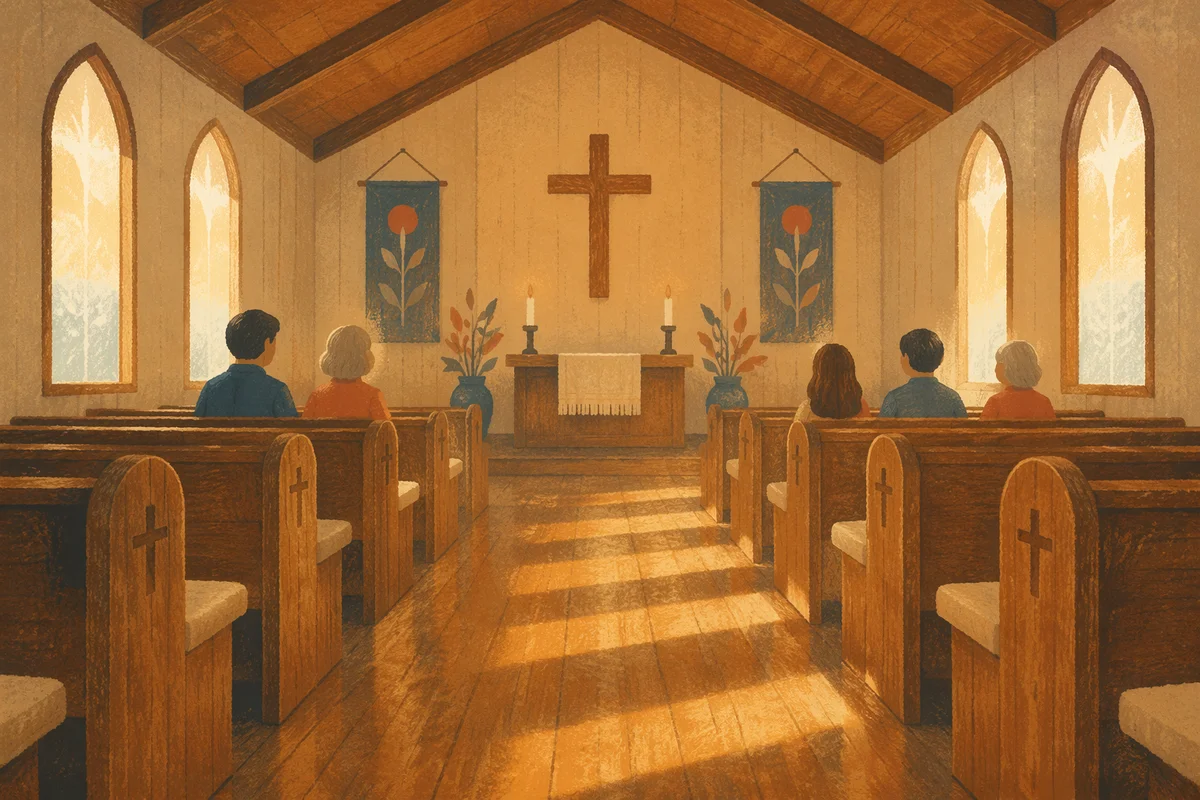 Warm Wooden Chapel Aisle to Altar