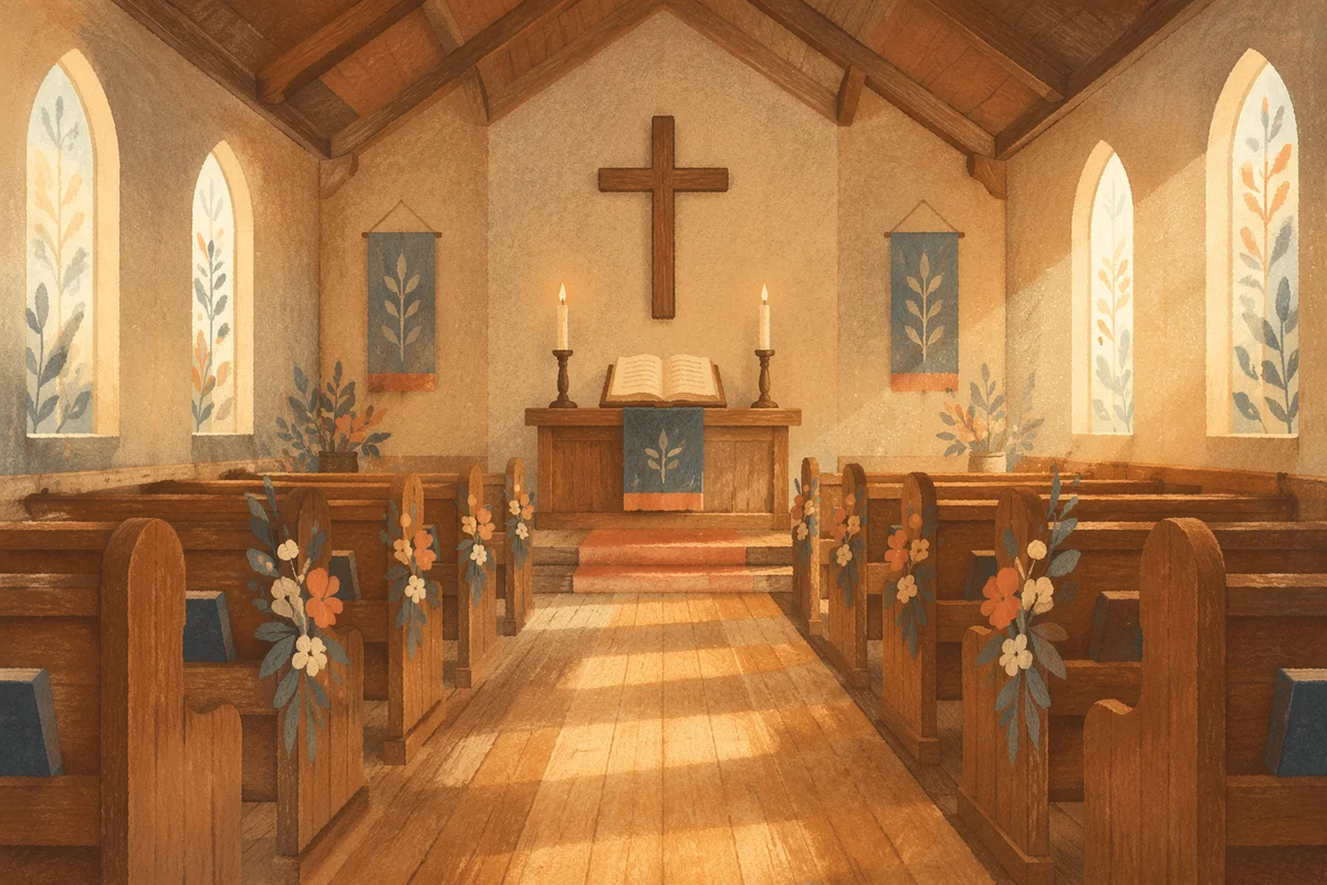 Peaceful Wooden Chapel Aisle to Altar