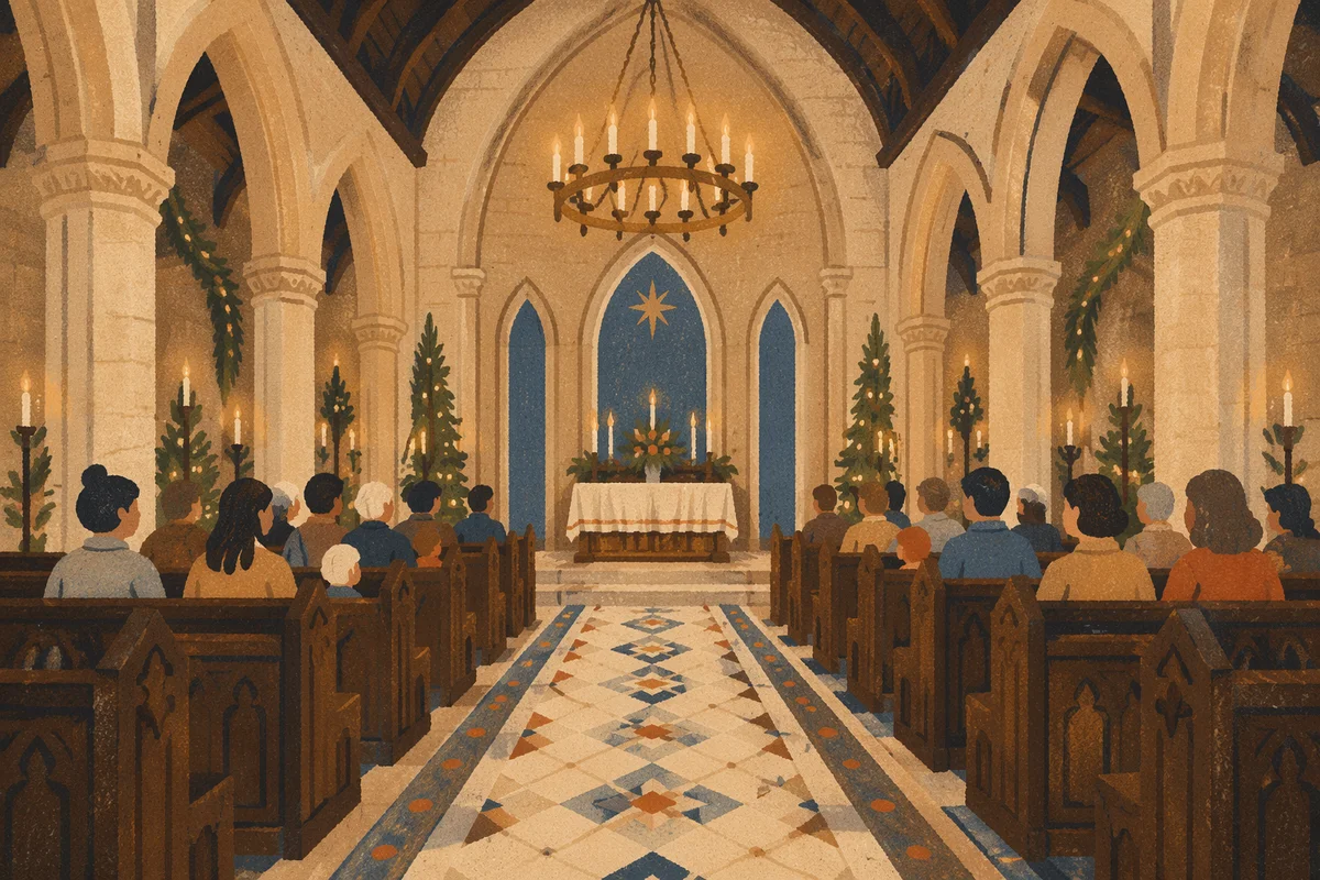 Gothic Church Aisle Toward Candlelit Altar