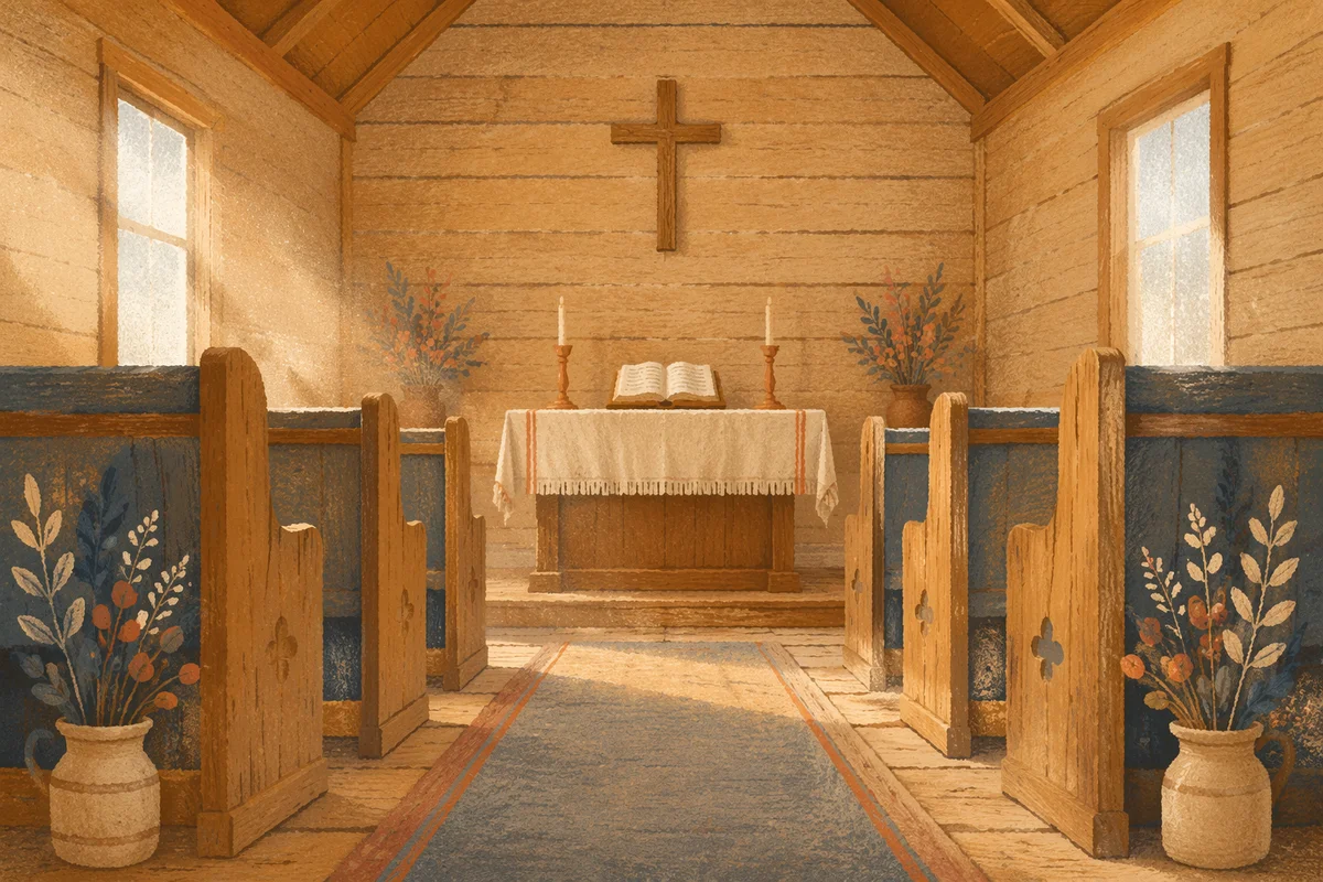 Sunlit Chapel Aisle Toward Simple Altar