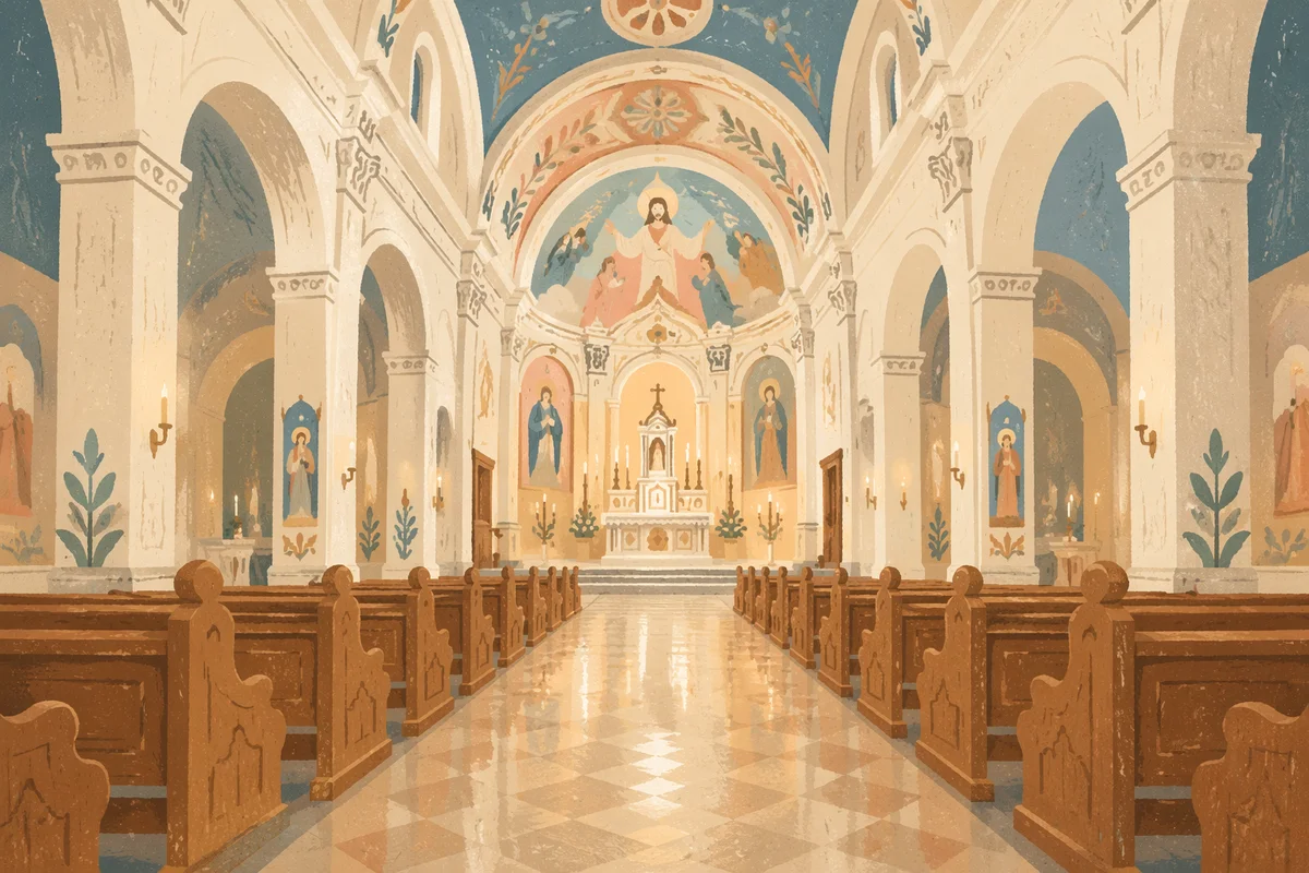 Historic Church Aisle Toward Glowing Altar