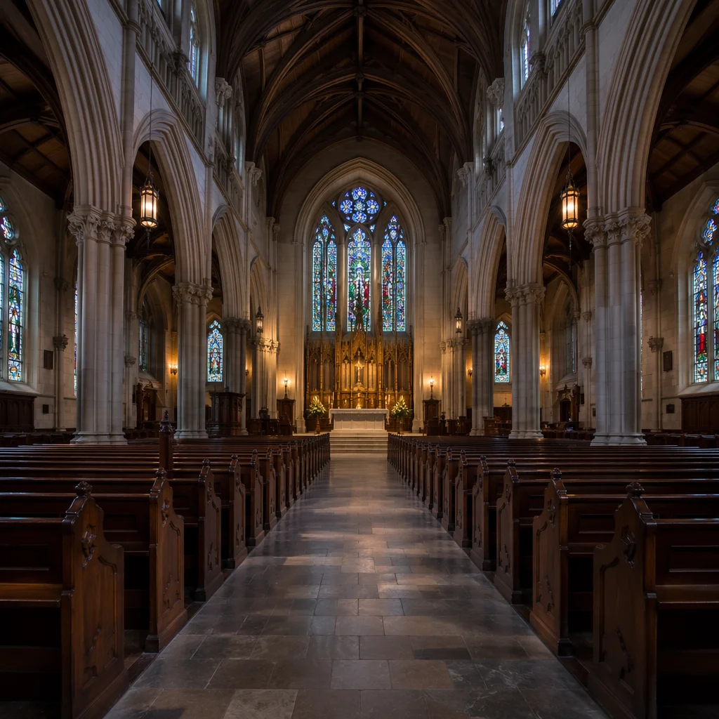 Historic Church Aisle Toward Illuminated Altar